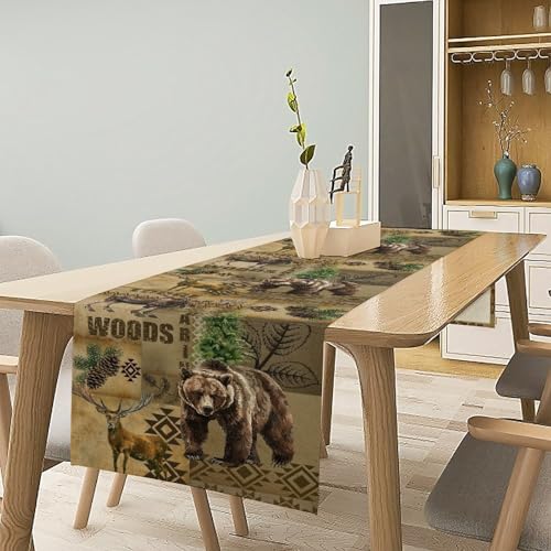 Rustic Cabin Table Runner, Farmhouse Deer Bear Retro Pine Forest Native Aztec Wild Animal Seasonal Coffee Table Center Decor for Home Kitchen Dining Patio Holiday Party Table Decorations 13x36 inches - color: Tr-rustic02, size: 13x36" Table Runner