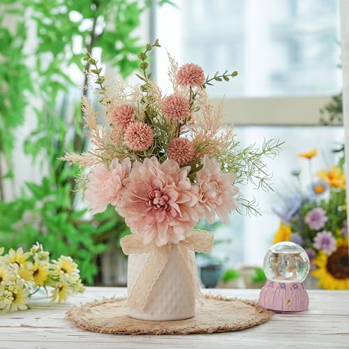 LUEUR Artificial Flowers with Ceramic Vase Centerpieces – Spring Silk Pink Flower Arrangement for Coffee Table Decor, Faux Flower Bouquet for Home Indoor Decoration, Bathroom, Dining Room, Kitchen - color: Pink