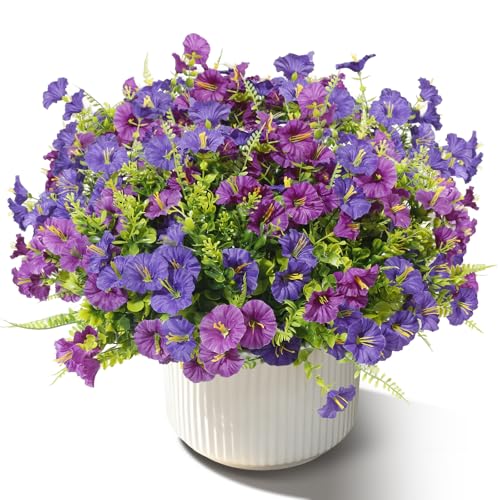 Artificial Morning Glory UV Resistant 36 pcs Purple Spring Artificial Flowers Outdoors, Realistic Faux Silk Morning Glory Fake Morning Glory Plants for Garden Porch Planters Window Wedding Decor - color: Purple＆ Fuchsia（with Green Ferns）, size: 36 pcs