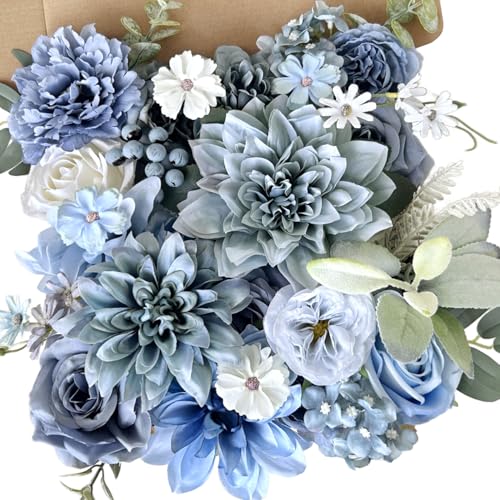 Dusty Blue Artificial Flowers Combo Box Set Silk Roses Dahlia with Stems DIY Bridal Wedding Bouquets Navy Royal Blue Cake Fake Floral Arrangements Baby Shower Party Table Centerpieces Home Decor Bulks - color: Navy, Dusty Blue