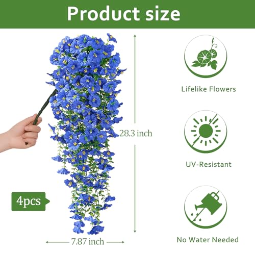 Serwalin Artificial Hanging Flowers for Outdoors UV Resistant, 4PCS Faux Morning Glory Fake Outdoor Flowers Realistic Silk Flower Faux Plants for Outside Planter Front Door Porch Patio Yard Decor - color: Blue