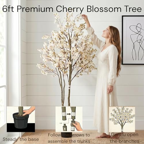 Artificial Cherry Blossom Tree with Lights 6ft Tall, White Faux Cherry Blossom Tree Indoor with LED String Lights, Japanese Sakura Tree for Living Room Office Home Decor - color: White Tree
