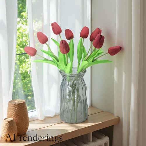 Artificial Flowers 10 Heads Mini Real Touch Artificial Tulip for Home Wedding Party Centerpiece Decoration (Burgundy) - color: Burgundy