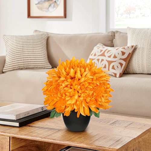 Briful Fake Mums Flower in Black Pot Realistic Silk Chrysanthemums Artificial Flowers Fall Mums for Home Decor Indoor Wedding Farmhouse Centerpiece Table, Orange - color: Orange