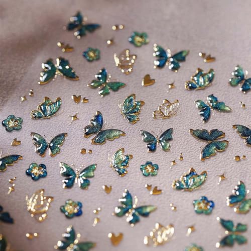 Butterfly Nail Art Stickers 5D Jelly Design Blackish Green Nail Decals 1PCS Embossed Gradient Butterfly Wing Adhesive Stickers Accessories Summer Bronzing Nail Decor for Manicure - style: Style7-Green Butterfly