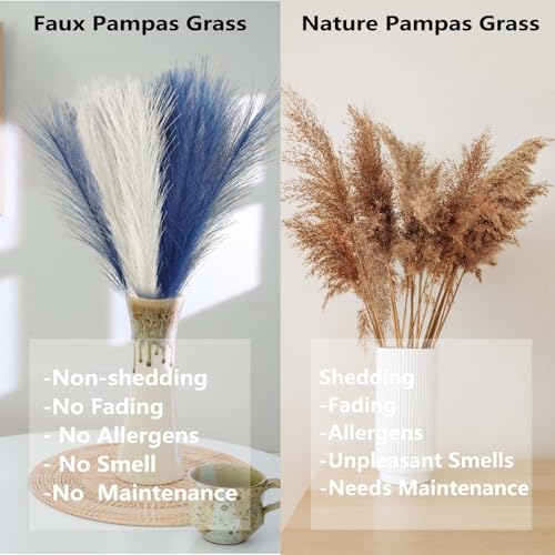 Blue and White Pampas Grass Decor, 30 Pcs 17" Navy Blue & White Flowers Short Fluffy Artificial Faux Pampas Grass Stems, Fake Bulrush Floor Vase Filler Flower Arrangement for Boho Home Decor - color: Blue and White