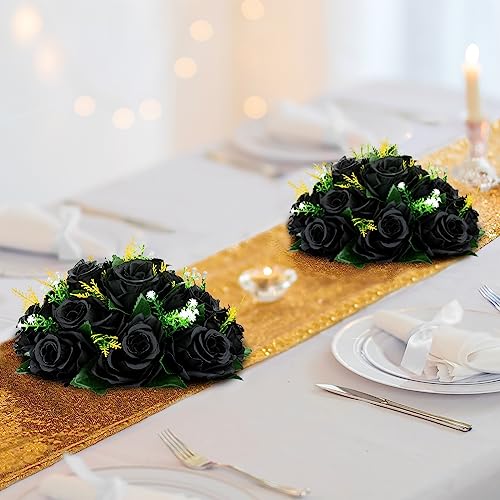 BLOSMON Flower Balls Wedding Rose Centerpieces 10 Pcs Black Fake Flowers Kissing Balls Decor Artificial Floral Arrangements Flower Bouquet of Roses Home Party Room Table DIY Decorations - color: Black