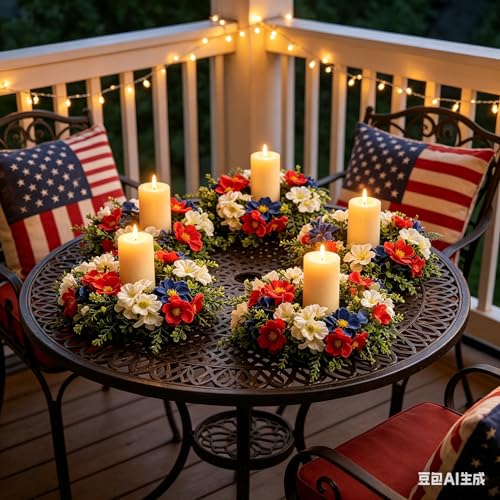6 Pcs Small 4th of July Hanging Wreaths for Cabinets with Red Blue White Daisy Blooms Artificial Mini Independence Day Candle Holder Wreath with Eucalyptus for Patriotic Memorial Day Porch Front Door - color: Patriotic-7