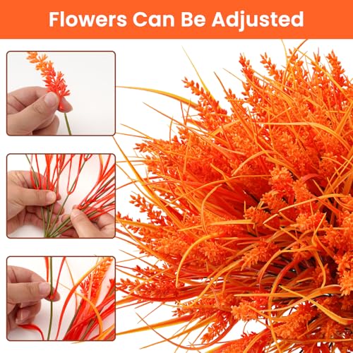 20 Bundles Artificial Plants Outdoor, UV Resistant Fake Flowers, Realistic Faux Lavender Shrubs for Porch Garden Window Box Home Decoration (Fall Orange-red) - color: Fall Orange-red
