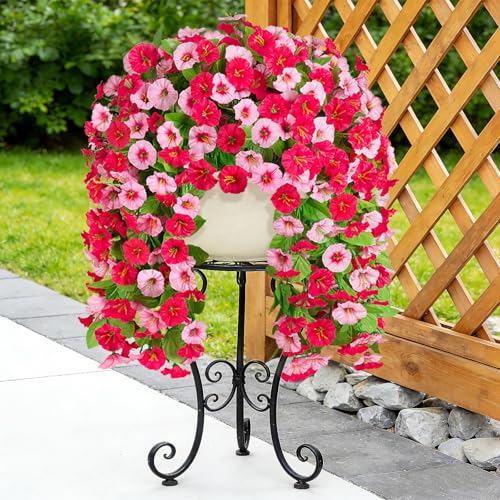 INXUGAO Artificial Fake Hanging Flowers Plants for Outdoor Decoration, 2PCS Faux Silk Morning Glory Long Vines Stems UV Resistant Look Real for Spring Summer Outside Home Porch Patio, Red Pink - color: Z-hot Pink