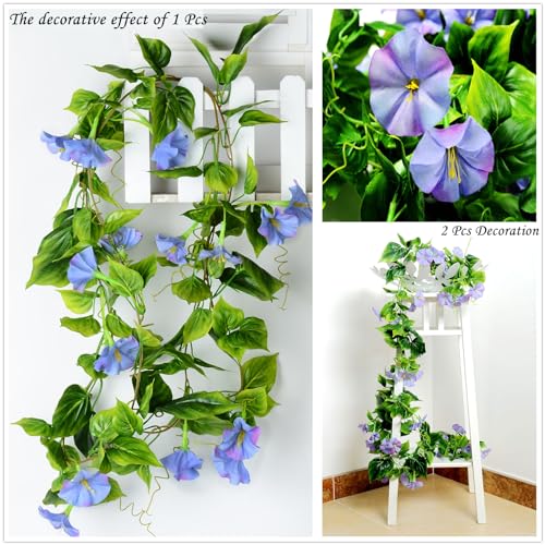 Fake Purple Morning Glory Plants, Artificial Hanging Vines Silk Flowers Decor Faux Ivy Plastic Greenery Garland Plant for Home Garden Yard Wall Fence Stairway Wedding Party Baskets Decoration 2 Pack - color: Morning Glory Vines - Purple 2 Pcs