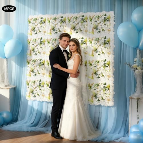 Flower Wall Backdrop, 14x14 Inch Artificial Flower Wall Panels, Peony Dahlia Wall Flowers Wall Decor for Photo Background Home Party Wedding Backdrop Decoration (White) - color: White