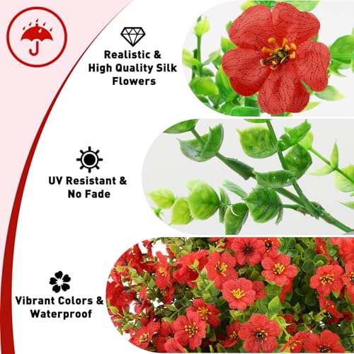 24 Bundles Artificial Flowers for Outdoors, UV Resistant Faux Flowers for Outdoor Planters, Fake Flowers for Outside Porch Patio Window Box, Mixed Color Daisy Bushes for Garden Decor(Red) - color: Red