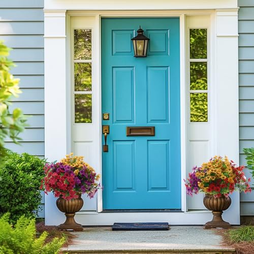 Thiccywoov 60 Pcs Artificial Outdoor Flowers UV Resistant Faux Plastic Plants Bulk Mixed Lavender Baby's Breath Eucalyptus Daisy Greenery Stems for Garden Patio Porch Window Box Home Wedding Decor