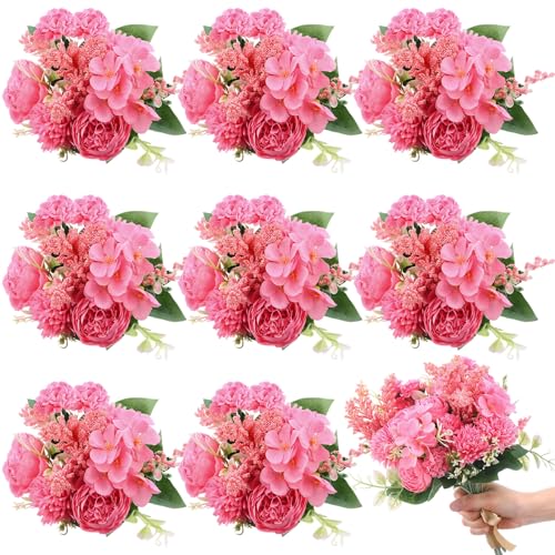 Zeyune 8 Pcs 13.4 Inch Artificial Flowers Bouquet Fake Silk Flowers Faux Bouquet Hydrangea Bouquets for Wedding Birthday Table Centerpieces Home Office Decoration (Peony,Hot Pink) - color: Hot Pink, size: Peony