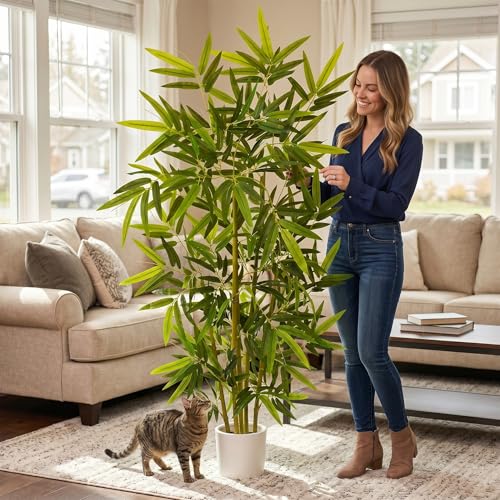 Warmplants Artificial Bamboo Tree, 5ft Tall Fake Bamboo Plant with White Planter, Faux Trees with 5 Trunks and Lifelike Leaves for Indoor Outdoor Home Office Décor - color: Bamboo, size: 5ft