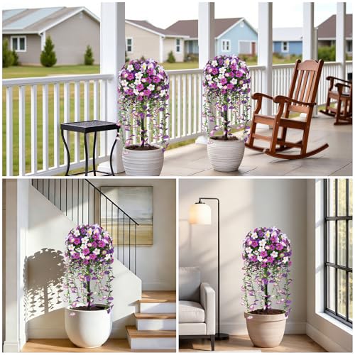 Grooy Artificial Plants Flowers Topiary Ball for Outdoor, 2 Pack Fake Purple Silk Morning Glory Plant Bushes, UV Resistant Realistic Plants Shurbs for Outside,Front Porch,Patio,Yard - color: Purple Morning Glory
