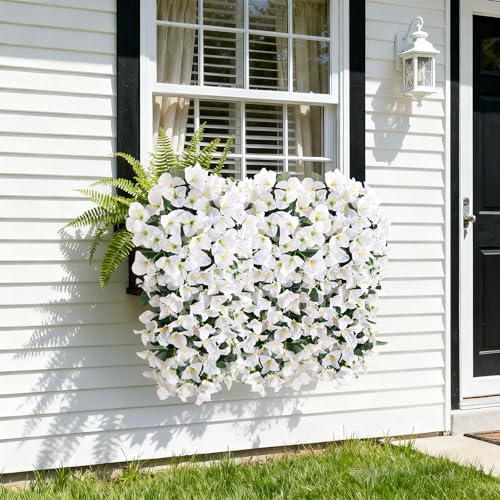 INXUGAO 2 pcs Artificial Faux Bougainvillea Flowers Plants for Outdoor Outside Summer Decoration, Fake Silk UV Resistant Long Trailing Vines for Front Door Porch Planter Balcony (White) - color: White