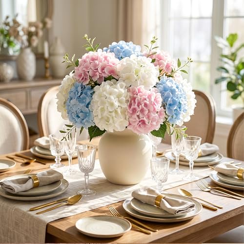 Auihiay 10Pcs Artificial Hydrangea Flowers Bulk, Realistic Faux Silk Hydrangea with Stems, Fake Flowers for Wedding Centerpieces Table Vase Decor Baby Shower Bedroom Valentine's Day(Mixed Color) - color: White,blue & Pink