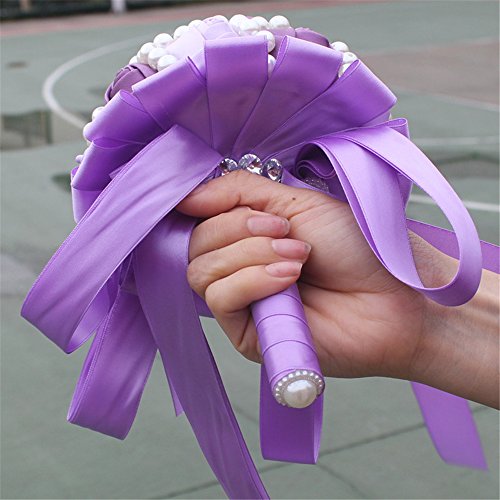 USIX Handcraft Popular Satin Rose Rhinestone Brooch Flower Pearl Bridal Holding Wedding Bouquet Wedding Flower Arrangements Bridesmaid Bouquet(Purple) - color: Purple