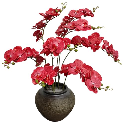 ATFL 8 Pack Red Orchid Artificial Flowers Real Touch, 32'' Artificial Fake Faux Silk Orchid Stem Bouquets for Wedding Party Home Garden Decor,Orquideas Artificiales para Decora (excluding The Pot) - color: Red
