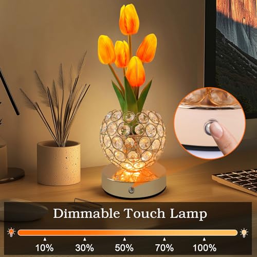 Cordless Tulip Flower Lamps, 3 Colors Touch Stepless Dimming Crystal Night Light, Rechargeable Artificial LED Flower with Vase Lamp Romantic Decor for Mothers Day,Xmas,Birthday (OG) - color: OG