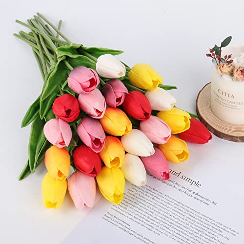 Beferr 18Pcs Tulips Artificial Flowers Faux Tulip Real Touch Tulip Fake Flowers Bouquets Arrangements for Mothers Day Spring Easter Wedding Home Table Decor - color: I-18pcs-6colors-colorful, size: 18PCS
