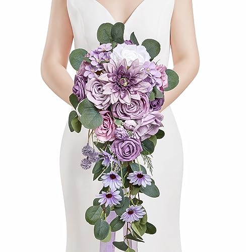 Serwalin 9.8 Inch Wedding Bouquets for Bride Bridesmaid, Purple Dahlia Bridal Bouquets for Bride, Wedding Flowers Bouquet Tossing Bouquet, Wedding Ceremony and Anniversary Decoration - color: Purple