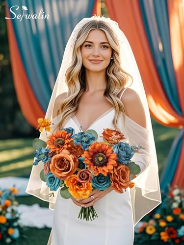 Serwalin Artificial Burnt Orange & Teal Flowers, Orange Silk Fake Flowers, Autumn Faux Sunflowers for Wedding Bouquet, Table Centerpieces, Home Decor - color: A Burnt Sunflower Orange & Teal, size: Square