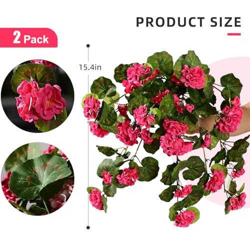 Artificial Geranium Flowers for Outdoor 2 Pcs Artificial Red Flower Fake Flowers with Stems Silk Realistic Look Real Floral Arrangement for Front Door Porch Planter Patio Balcony (2 Pcs Rose Red) - color: 2 Pcs Rose Red