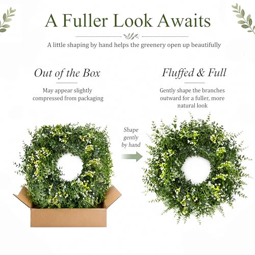 26 Inch Large Artificial Boxwood Wreaths for Front Door All Season, Eucalyptus Wreath with 2 Sashes, Baby's Breath and Flower Buds, Summer Farmhouse Greenery Decor for Outdoor, Porch, Home
