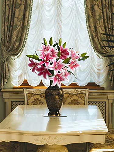 YalzoneMet RUZUQE 2 Pcs 28'' Deep Pink Lily Artificial Flowers Fake Real Touch Lilies 3 Heads Buds Faux Flora for Indoor Home Decor Outdoor Party Easter Lily Flower Table Centerpiece - color: Deep Pink