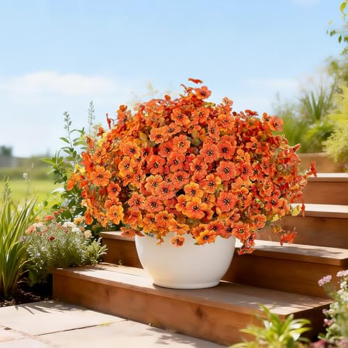 Artificial Flowers for Outdoors, 12 Bundles Fake Daisy Flowers Spring Decor, UV Resistant Faux Flower Daisy with Eucalyptus for Garden Porch Planter Box(Orange) - color: Orange