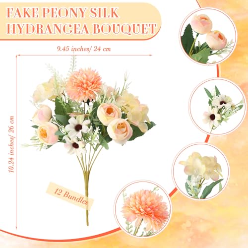 Tigeen Peonies Artificial Flowers Faux Roses Silk Flowers Hydrangea Artificial Bouquet for Wedding Table Centerpiece Floral Vase Home Office Bridal Decor(Champagne,12 Bundles) - color: Champagne