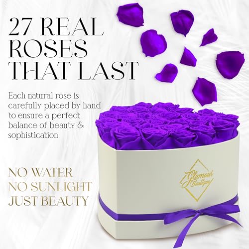 GLAMOUR BOUTIQUE Preserved Roses in a Box - Gifts for Her, Wife & Mom, Rose Flowers Forever Decor for Birthday Gift, Get Well Flower Bouquet Cased in White Box with Cover - Purple - 27 (Color-Treated) - color: Purple, size: 27 Roses Heart Box
