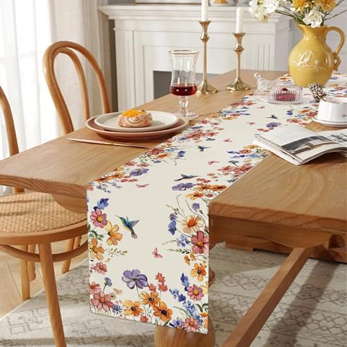 Spring Wildflowers Floral Table Runner Farmhouse Burlap Butterfly Seasonal Outdoor Summer Home Dining Centerpiece for Home Decor 13x72 Inch - color: Wildflowers, size: 13x72inch