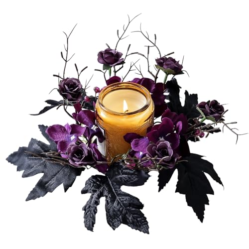Halloween Candle Ring Artificial Flower Wreath Black Purple Floral Candle Holder 9.84” Tables Centerpieces Home Kitchen Farmhouse Decor - color: Halloween