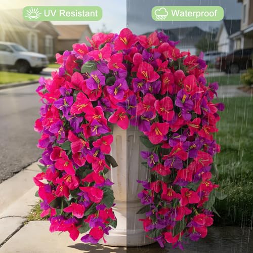 Fake Bougainvillea Artificial Flowers for Outdoors Decoration 2 pcs Faux Hanging Flowers Plants for Outdoor Planters UV Resistant Silk Bougainvillea Vines for Front Door Porch Urn Patio Garden - color: Hot Pink and Light Purple