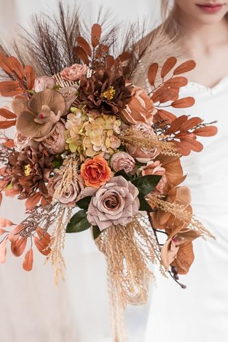 Lisuun Wedding Bouquets for Bride, 16 Inches Wedding Flower Bouquet, Silk Round Bridal Bouquet for Wedding, Ceremony, Anniversary - color: Light Coffee&dark Coffee