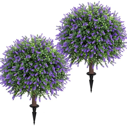 Artificial Lavender Topiary Ball Tree 25" with Ground Spike, Set of 2 Artificial Boxwood Bushes for Faux Shrubs, Fake Evergreen Faux Plant for Indoor Outdoor Porch Garden -UV Resistant–Fade-Proof - color: Lavender