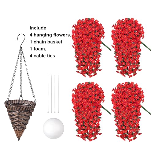 HyeFlora Artificial Fake Hanging Flowers Plants Basket for Outdoor Outside Spring Summer Decor, Faux Silk Red Daisy Flower Look Real UV Resistant Orchid Vine Plant for Porch Garden Yard Patio Home - color: Red Daisy