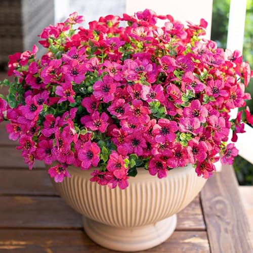 HyeFlora Artificial Flowers for Outdoor Indoor Garden Home Decoration, Faux Flower Daisy with Eucalyptus Leaves Fake Plants Greenery Boxwood Porch Patio, 12 Bundles (Rose Red) - color: Rose Red