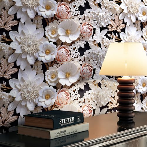 FunStick White 3D Floral Wallpaper Pink Embossed Flower Peel and Stick Wallpaper for Bedroom Wall Decor Ceiling Black White Floral Contact Paper for Cabinets Waterproof Removable Wall Paper 17.5"x118" - size: 118" x 17.5"