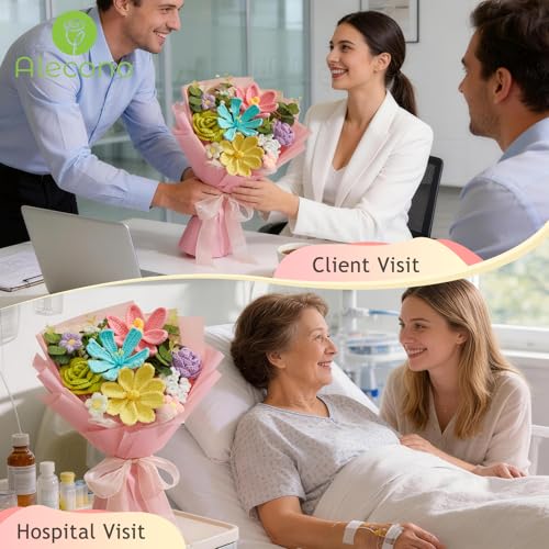 Alecono Crochet Flower Bouquet, Pastel Knitted Flowers, Crochet Tulip Rose Flower for Lover Anniversary Birthday Party Mother's Day Graduation Gifts (Include Card) - color: Pastel, size: Large