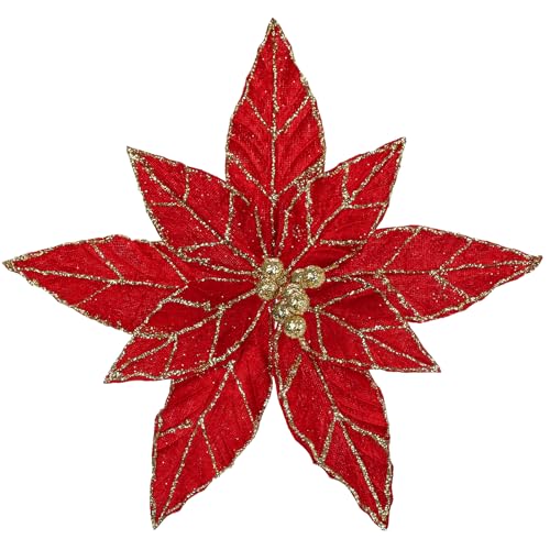 Briful 6 Pack Red Glitter Christmas Poinsettia Picks, 13.8'' Artificial Floral Stems with Gold Edges & Sparkle Beads, 9.8'' Blossom Holiday Flower Picks for Tree, Wreath, Table Centerpiece Decor - color: Red#353, size: 12'' POINSETTIA / 6PCS