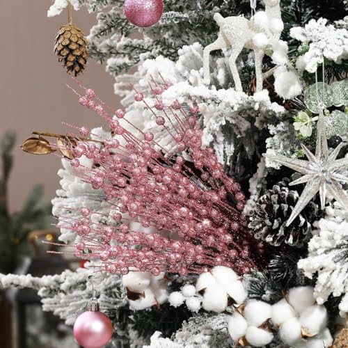 Artificial Glitter Berry Stem Ornaments 17” Decorative Faux Bright Berries Flowers Decorations Picks Bead Sticks Branches for Home Christmas Tree Decor DIY Wreath Crafts - Champagne Pink 10 Pack - color: Glitter Berry Sticks - Champagne Pink 10 Pack
