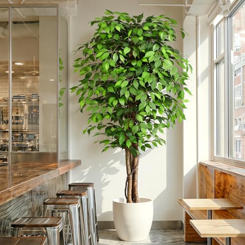 7ft Large Ficus Artificial Trees with Natural Curved Trunks, 84" Tall Lush Faux Tree for Home Decor Indoor, Green Lifelike Fake Ficus Tree Artificial Plants in Pot - size: 7.2ft