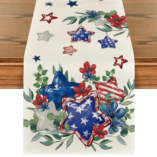 Artoid Mode Eucalyptus Flowers Stars Patriotic 4th of July Table Runner, Memorial Day Kitchen Dining Table Decoration for Home Party Decor 13x60 Inch - color: Beige, size: 13" x 60", Table Runner