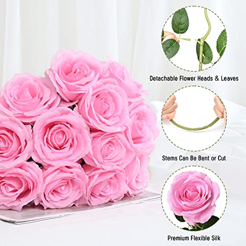 Waipfaru 12 Pcs Artificial Flowers Fake Silk Pink Roses Bulk, Faux Real Touch Roses Bouquet with Long Stem for Wedding Party Home Decor (Pink) - color: B-pink, size: 12 Pcs