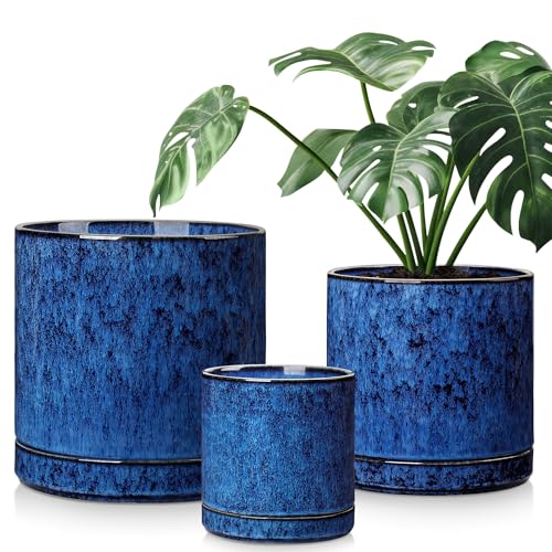 vancasso Ceramic Planters, Plant Pots for Indoor Plants, 6.25+8.25+10.25 Inch Ceramic Pots for Plants, Flower Pots with Drainage Holes (Blue, 6.25+8.25+10.25 Inch) - color: Blue, size: 6.25 + 8.25 + 10.25 Inch